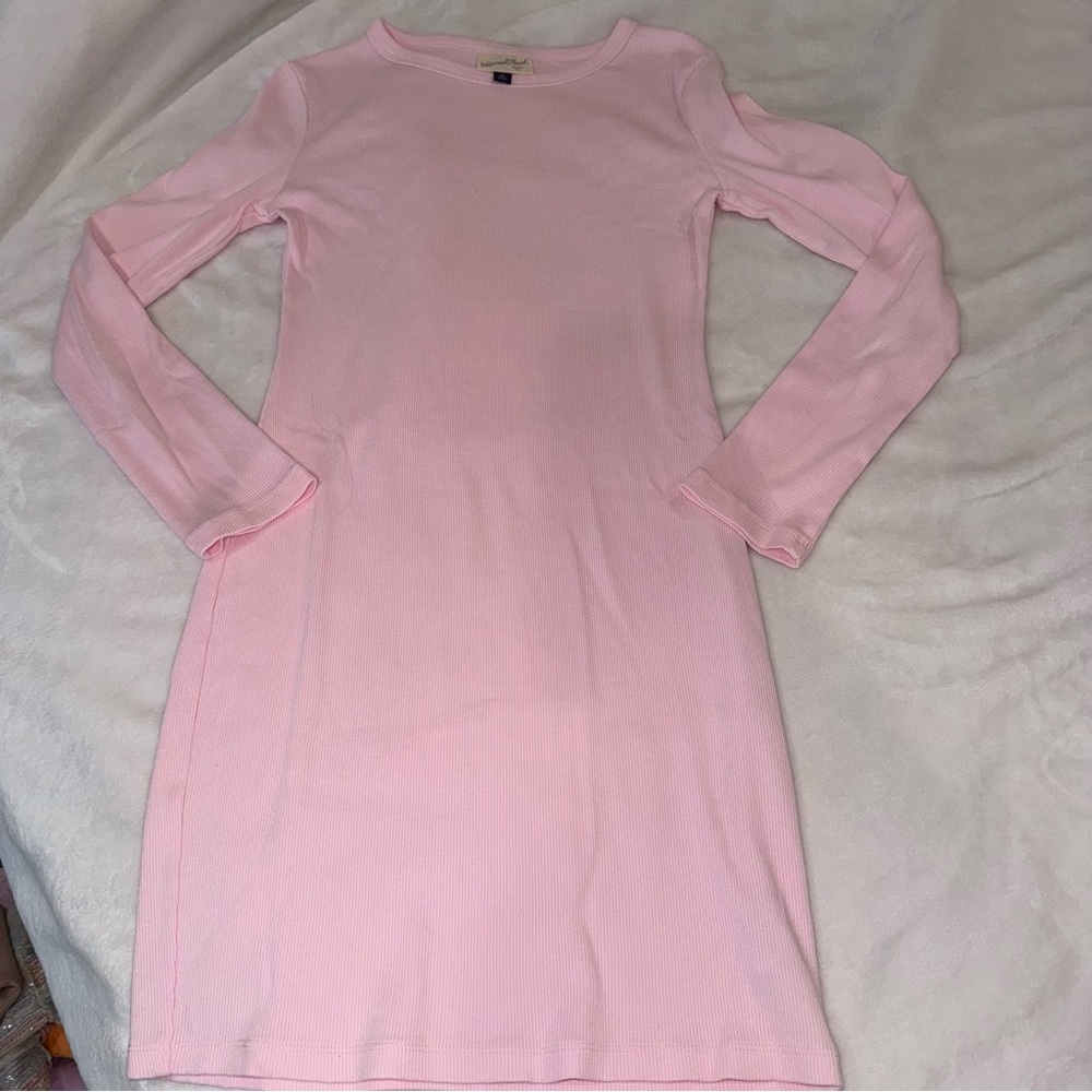 Women's Pink Long Sleeve Ribbed Bodycon Dress